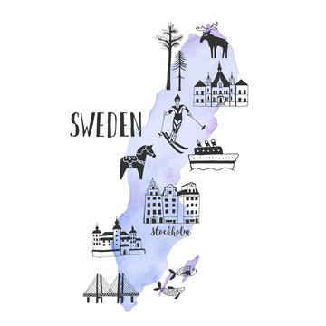 Vector watercolor map with handdrawn illustrations of famous sightseeings, places and landmarks of Sweden