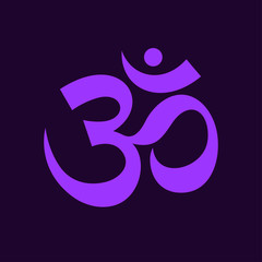 Om symbol violet. Buddhism, yoga sign. Vector web banner or print
