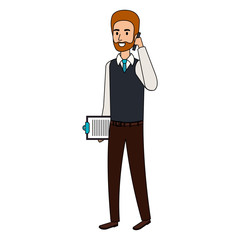 businessman calling with smartphone and clipboard icon vector illustration