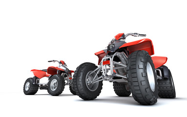 Massive concept. Group of two powerful red ATVs quadbikes isolated on white background. Perspective. Bottom view. 3D render.