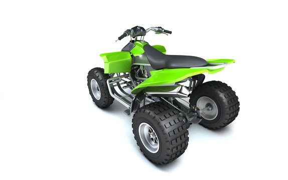 High angle rear view of powerful green ATV quadbike isolated on white background. Perspective. 3D render.
