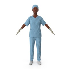 Woman African American surgeon doctor or nurse full length portrait isolated on white. 3D illustration