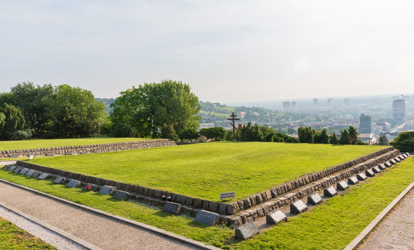 Bratislava, Slovakia - May 24, 2018: Graves at Slavin Memorial. Slavin War Memorial is a monument and military cemetery in Bratislava, Slovakia.