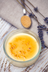 Creme brulee and lavender on white board