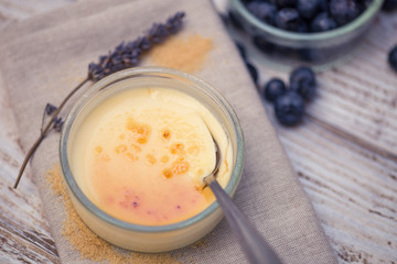Creme brulee bowl with bluberries and lavender 