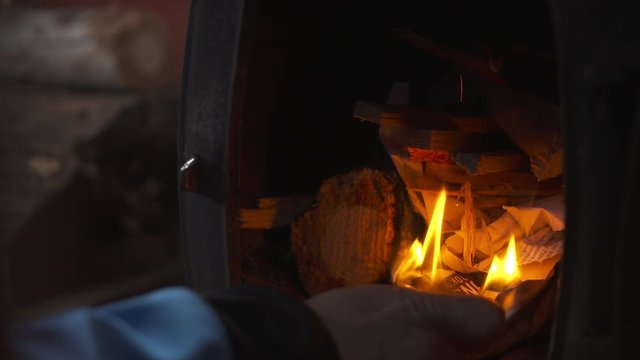 Starting A Wood Stove Fire - Slow Motion.mp4