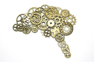 brain of golden gears on a white background. assembled from the details of the puzzle. Concept business idea, thought process, innovation, industry, invention, mind.