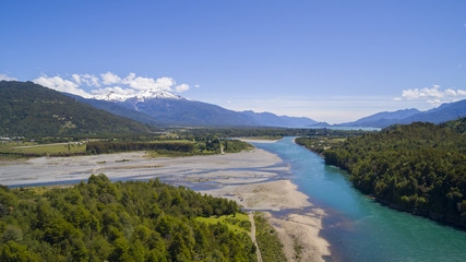Fototapeta na wymiar Patagonian natural landscape, surrounded by mountains and the river Puelo with its characteristic turquoise color