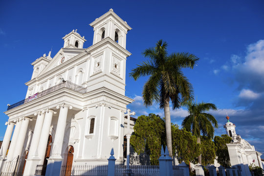 El Salvador, Cuscatlan, Suchitoto, Santa Lucia Church and palm trees