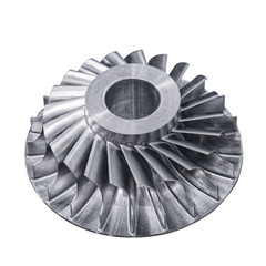 Steel blades of turbine propeller. Close-up view. In B/W. Selected focus on foreground © Aleksandr Matveev