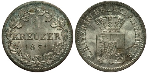 Germany German Bavaria Bavarian silver coin 1 one kreuzer 1871, denomination and date within...