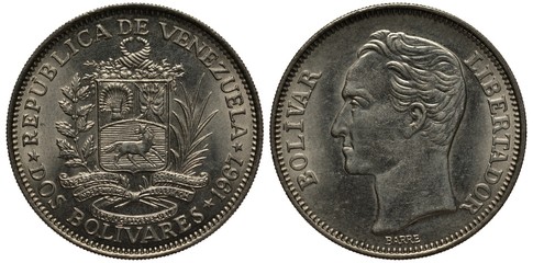 Venezuela Venezuelan coin 2 two bolivars 1967, shield with horse, stripes and two horns of plenty on top flanked by plant branches, ribbon below, Bolivar head left,  - obrazy, fototapety, plakaty