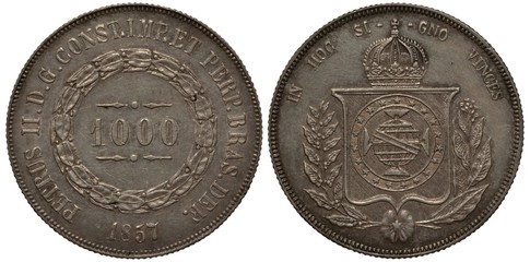 Brazil Brazilian silver coin 1000 one thousand reis 1857, denomination within circular wreath, crowned shield with arms flanked by branches, 