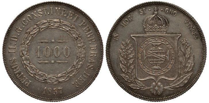 Brazil Brazilian silver coin 1000 one thousand reis 1857, denomination within circular wreath, crowned shield with arms flanked by branches, 