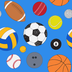 Seamless pattern with set of sport balls. Hand drawn colored vector sketch. Blue background. Pattern included