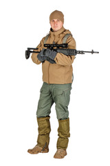 young soldier or sniper holding rifle.  hunting, war, army, technology and people concept