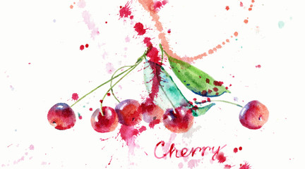 Fototapeta na wymiar Cherry, watercolor illustration. Ripe berry on a white background. Juicy cherries. A colorful cherry painted in an expressive manner.