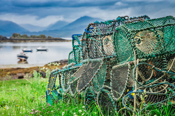 Old cage for lobster on shore, Scotland