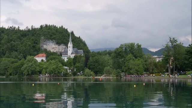 Time lapse, Church at Bled island and Alpine lake, Slovenia