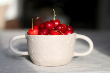 Homegrown cherries in a beautiful ceramic bowl. Selective focus.