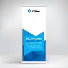 Roll-up, advertising banner template, stand for presentations, exhibitions, promotional products, conferences, seminars, photo placement, text, stylish geometric blue background