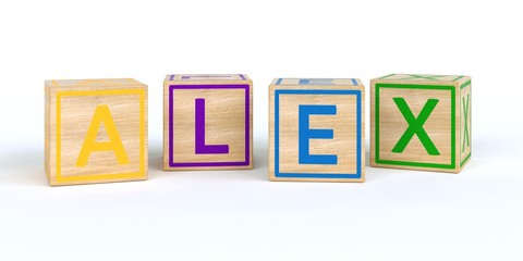 The name alex written with Isolated wooden toy cubes