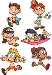 Cartoon kids ready for summer. Vector clip art illustration with simple gradients. Each on a separate layer. 