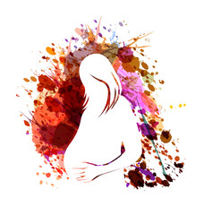 White vector silhouette of a pregnant woman on watercolor background