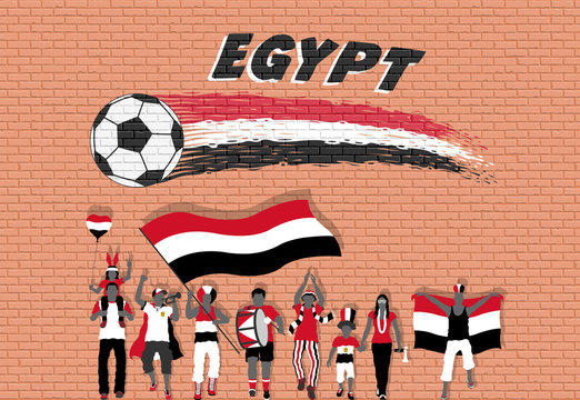 Egyptian football fans cheering with Egypt flag colors in front of soccer ball graffiti