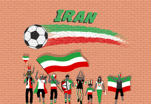 Iranian football fans cheering with Iran flag colors in front of soccer ball graffiti