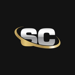 Initial letter SC, overlapping swoosh ring logo, silver gold color on black background