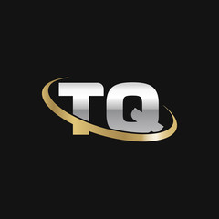 Initial letter TQ, overlapping swoosh ring logo, silver gold color on black background