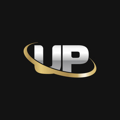 Initial letter UP, overlapping swoosh ring logo, silver gold color on black background
