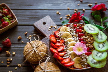 granola with fruits, strawberries, cookies