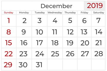 calendar for the year 2019, December