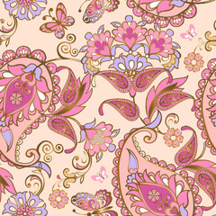 Fantastic pink floral seamless ornament with paisley. Floral wallpaper in pastel colors. Decorative ornament for fabric, textile, wrapping paper. Floral oriental ethnic background.