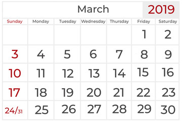 calendar for the year 2019, March