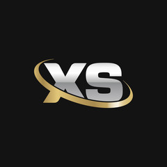 Initial letter XS, overlapping swoosh ring logo, silver gold color on black background