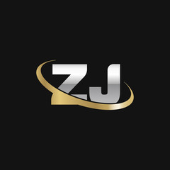 Initial letter ZJ, overlapping swoosh ring logo, silver gold color on black background