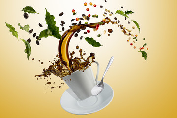 Coffee splash in white cup with fruits and coffee leaves floating on yellow background