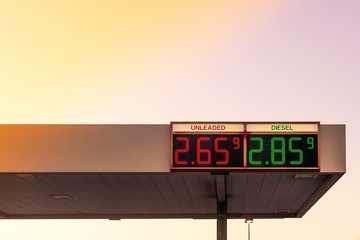 Electronic display with current gas and diesel prices in dollars per gallon at a gas station in Texas