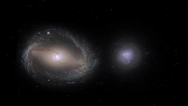 Galaxies collision in outer space, 3D animation with multiple flying stars. Contains public domain image by NASA