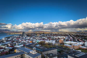 Fototapeta na wymiar Reykjavik - May 01, 2018: Panoramic view of Reykjavik from the Hallgrimskirkja church, Iceland