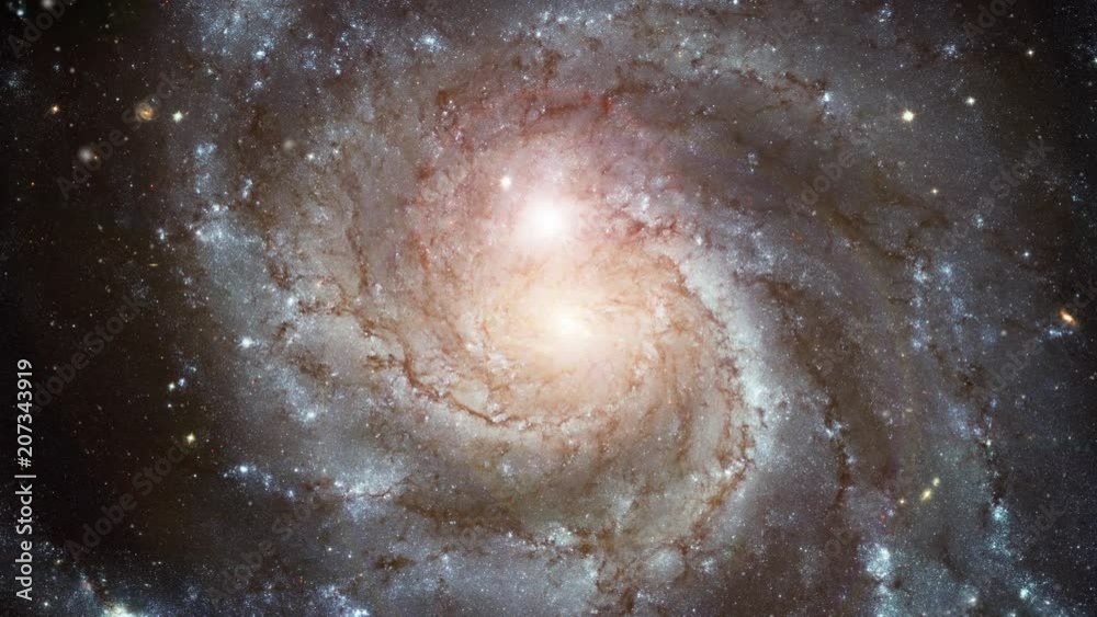 Sticker pinwheel galaxy rotating in outer space, 3d animation with flying stars. contains public domain imag