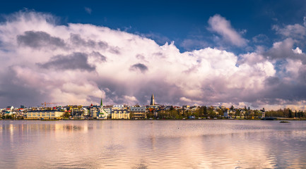 Naklejka premium Reykjavik - May 02, 2018: Panorama of Reykjavik from the Tjornin Lake, Iceland