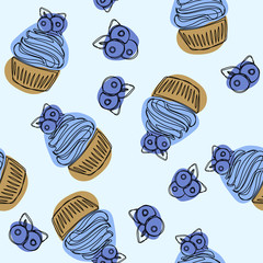 Cupcakes hand drawn seamless pattern. Cupcake with blueberries, vintage colorful food sketches. Vector illustration.