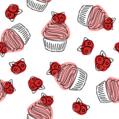 Pink cupcakes seamless pattern. Hand drawn vector seamless pattern in doodle style. Continuous line drawing.