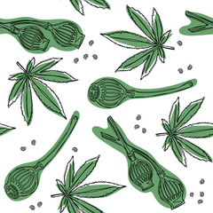 Wild cannabis plant with poppy. Seamless pattern isolated on a white background.