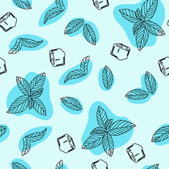Mint leaf peppermint vector seamless floral pattern. Hand drawn vector seamless pattern in doodle style. Continuous line drawing.