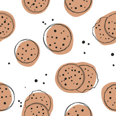 Simple cute cookie flat vector seamless pattern. Hand drawn vector seamless pattern in doodle style. Continuous line drawing.